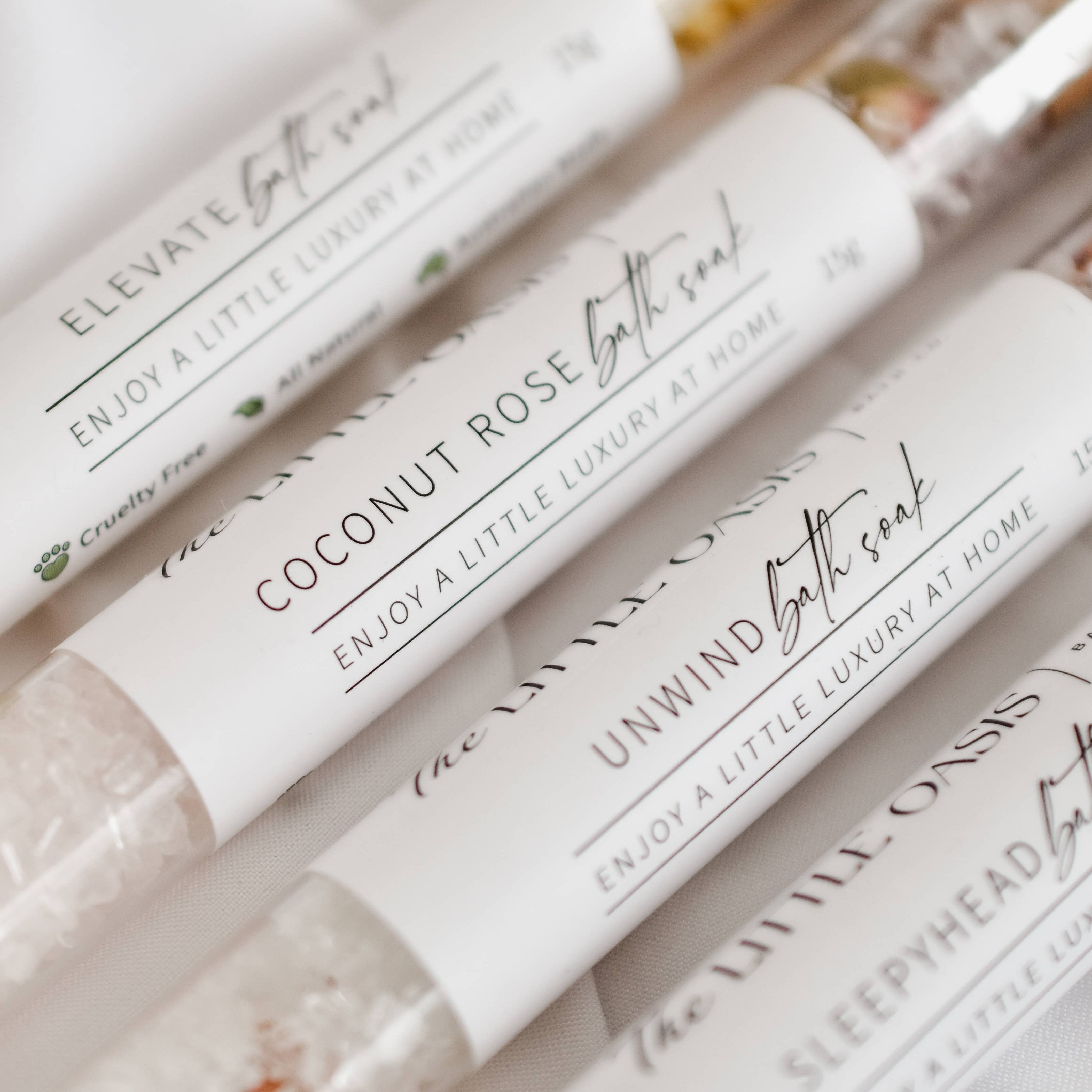 Bath soak packaging with text on a white background