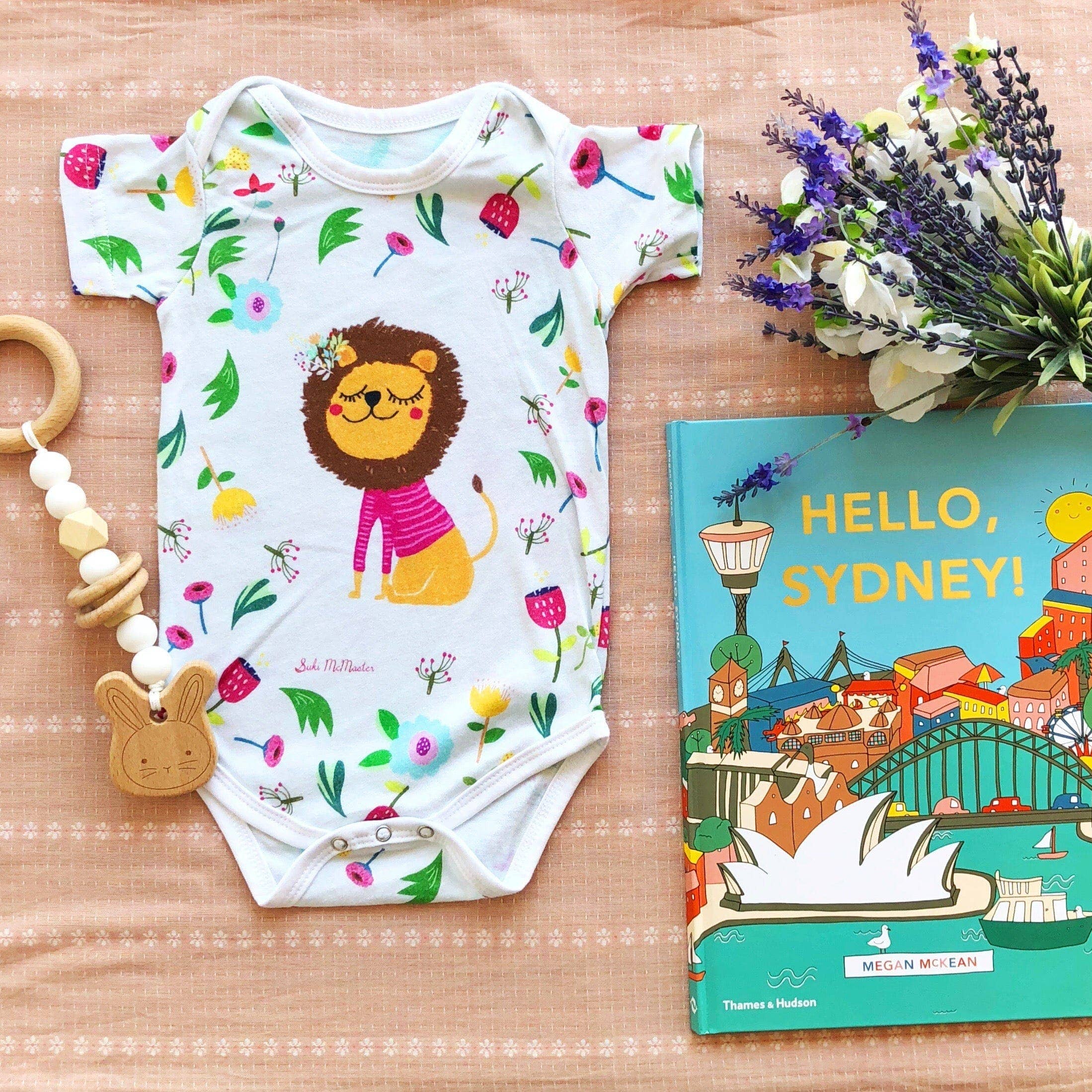 Organic Cotton Baby Onesie Romper - Lion and Flowers by Suki McMaster
