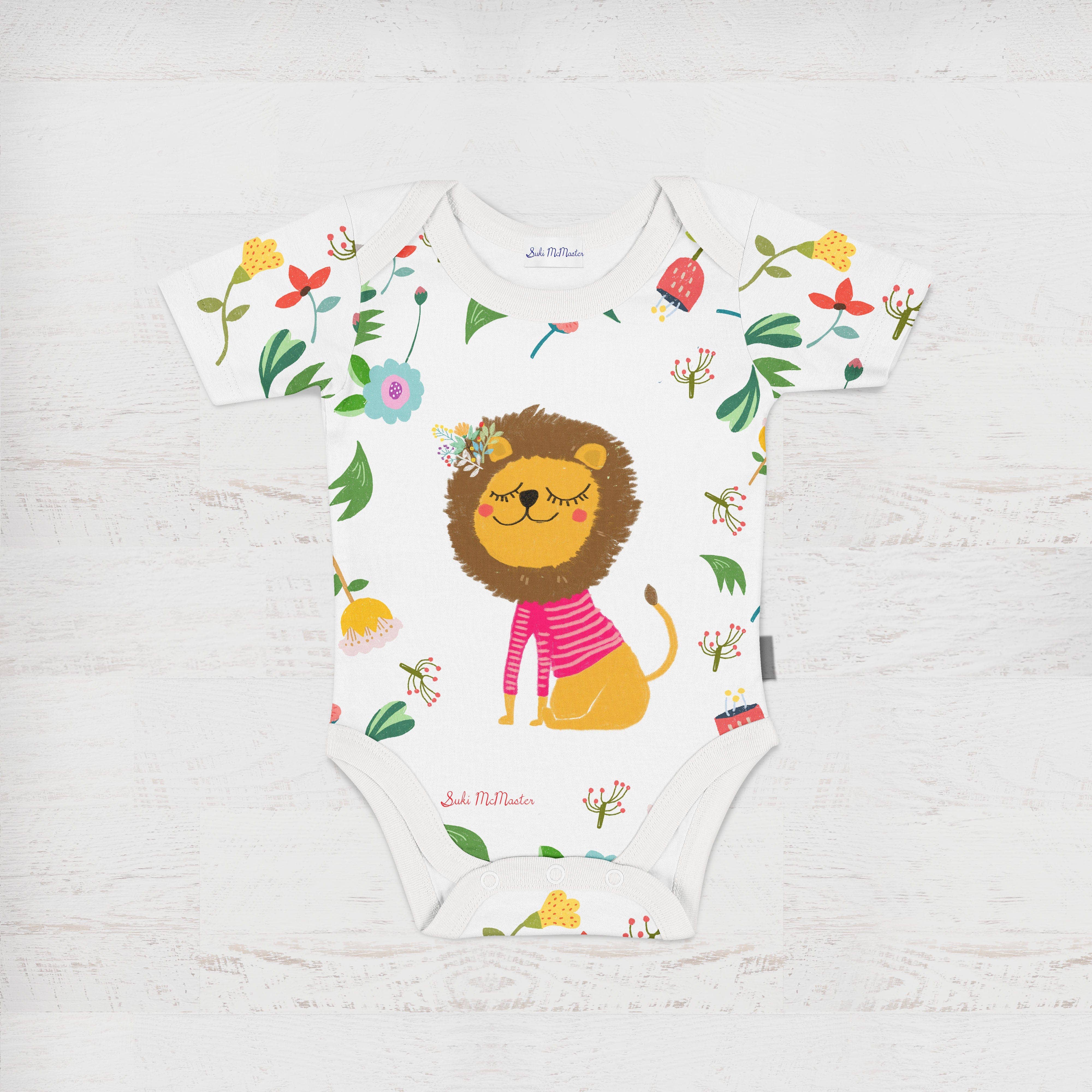 Organic Cotton Baby Onesie Romper - Lion and Flowers by Suki McMaster