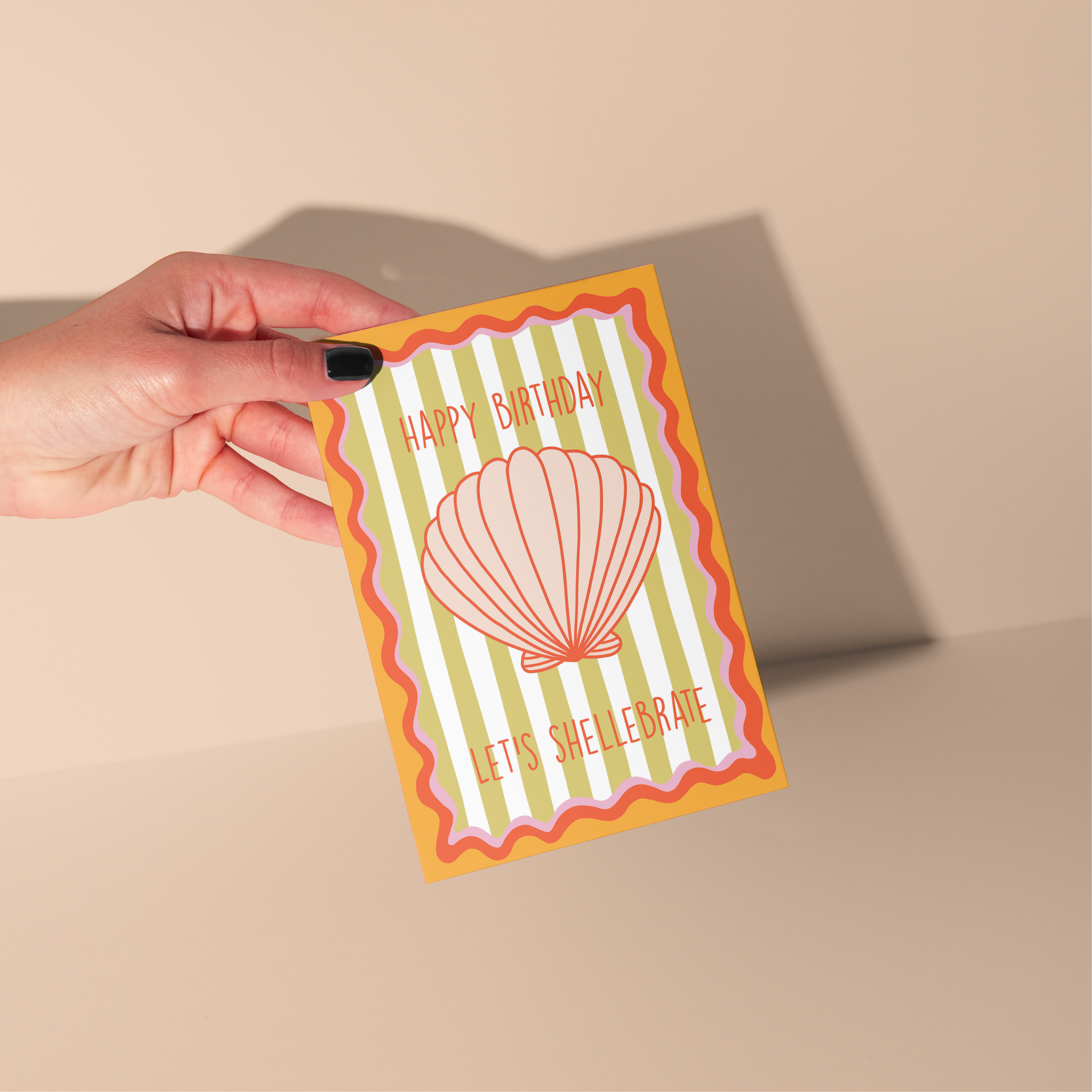 Happy Birthday Let’s Shellebrate: shell card, green stripes