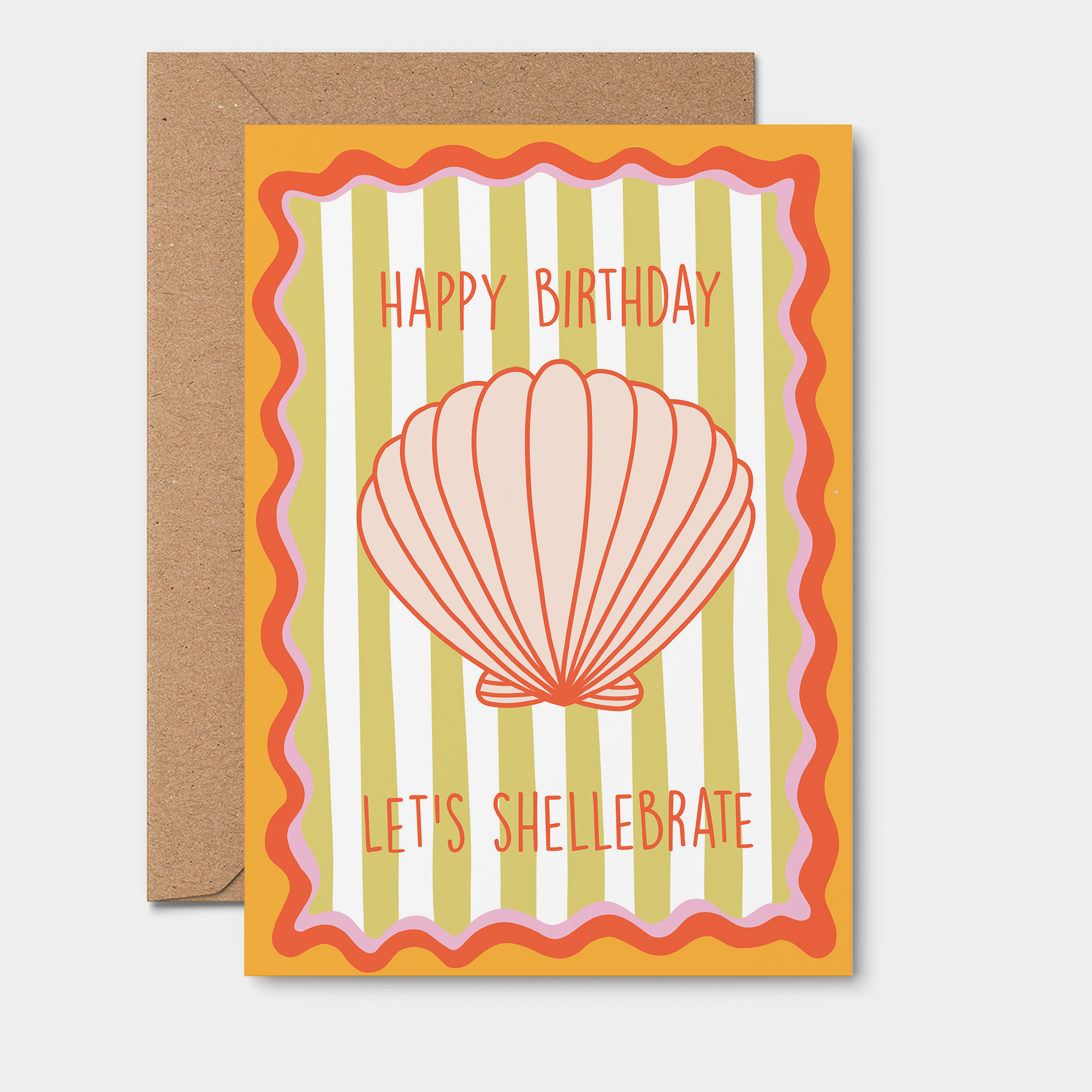 Happy Birthday Let’s Shellebrate: shell card, green stripes